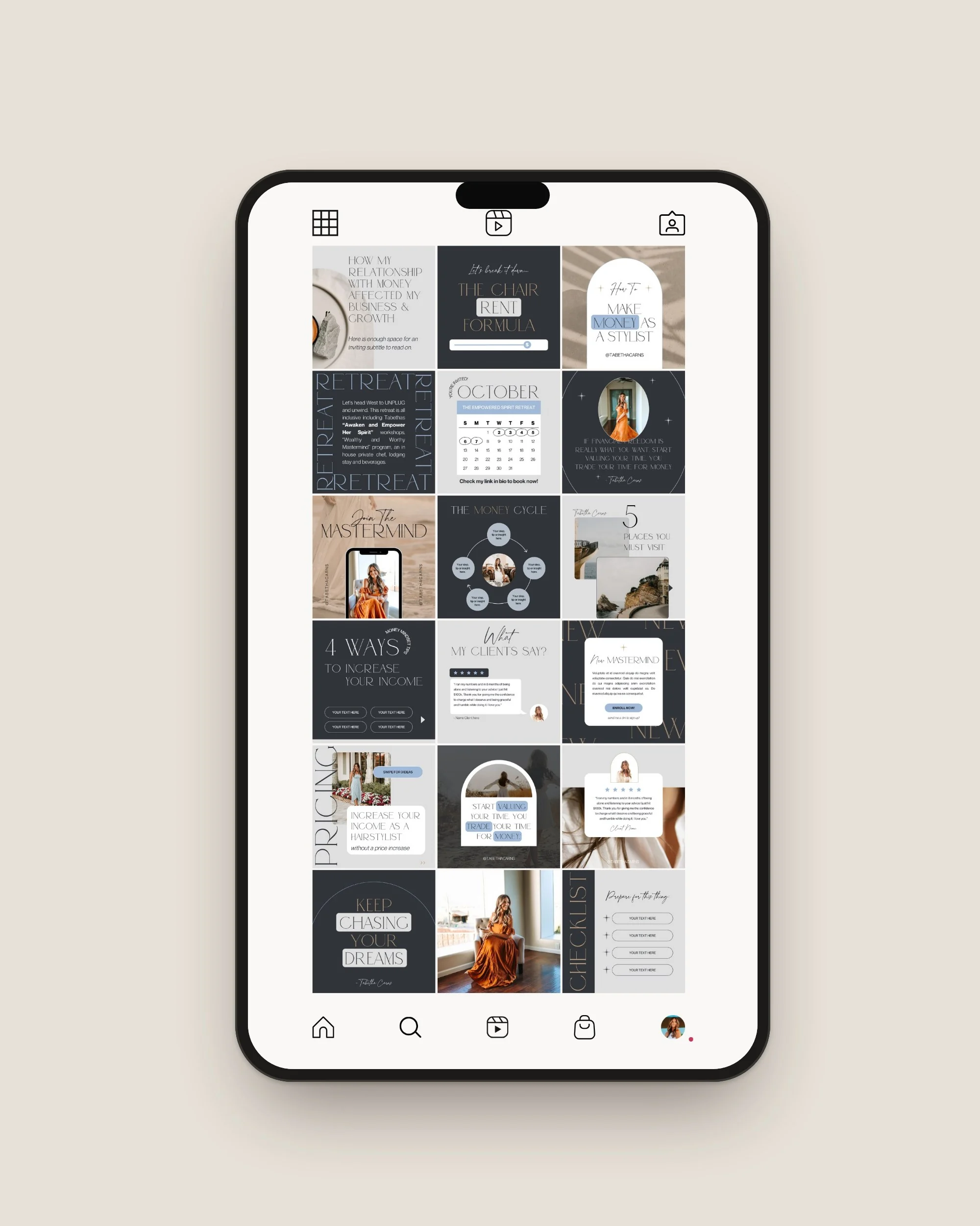 Instagram feed templates for Tabetha Carns shown on a phone