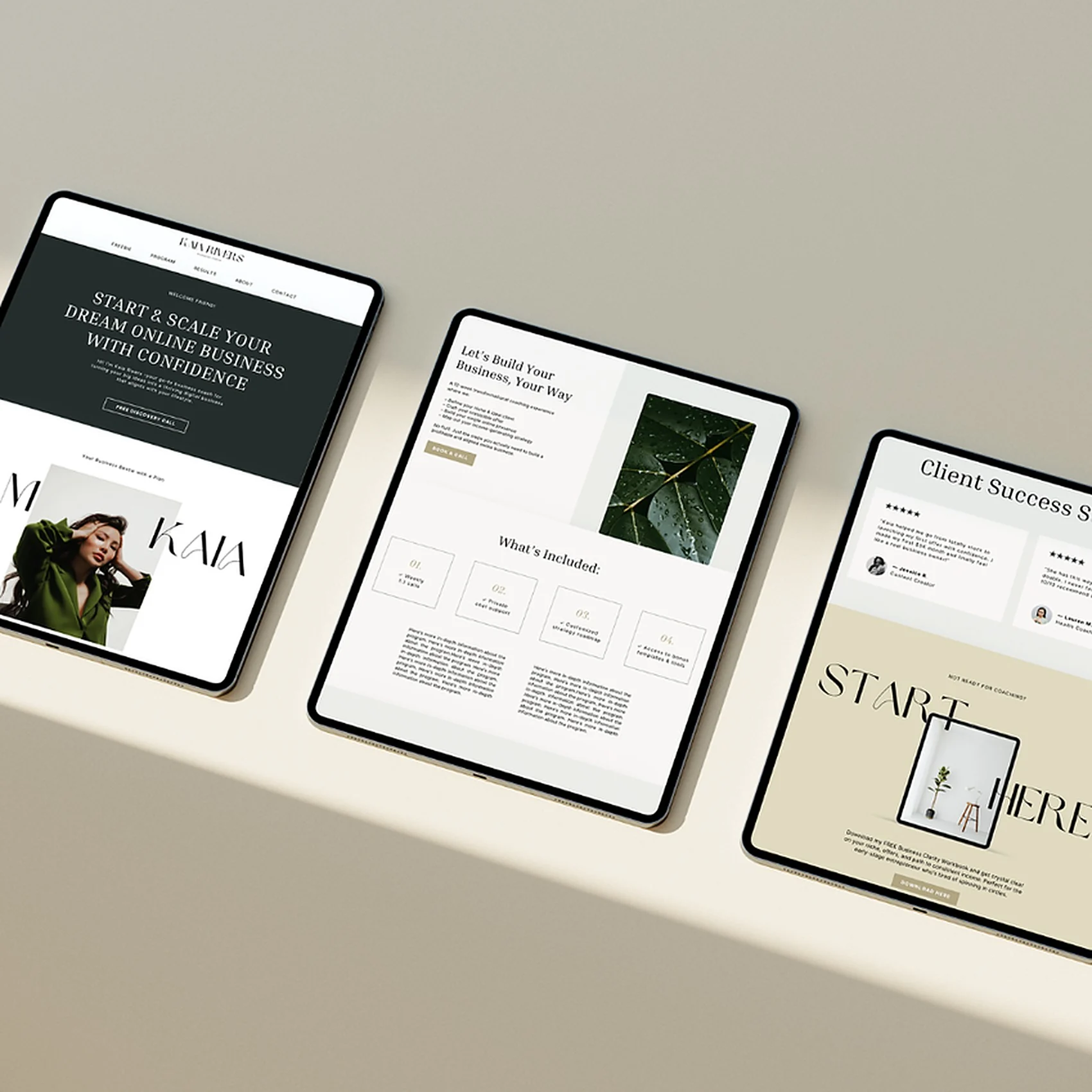 She Talks Business Canva website templates shown on three tablets