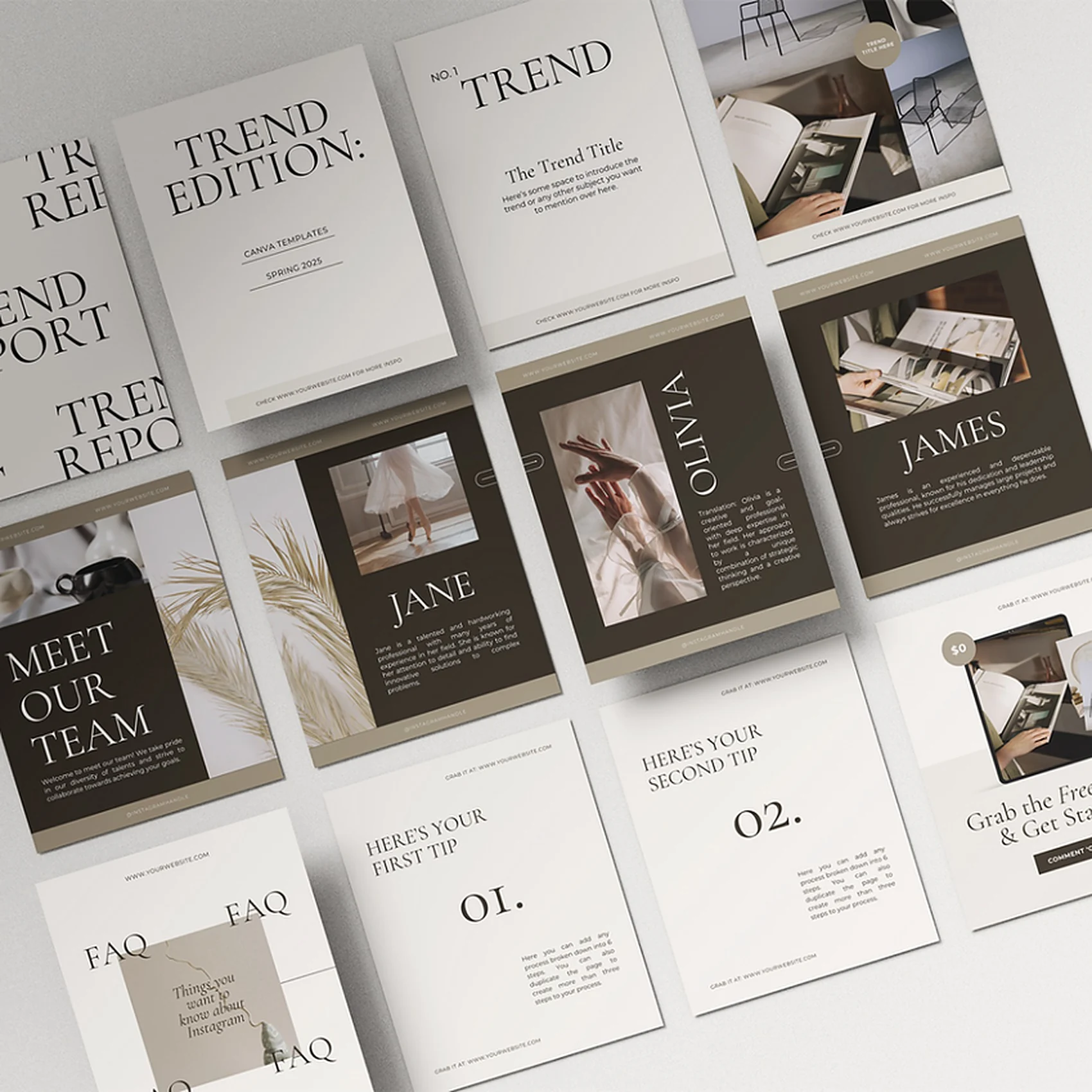 Canva Marketing Vault templates: trend report, team pages and tip carousels