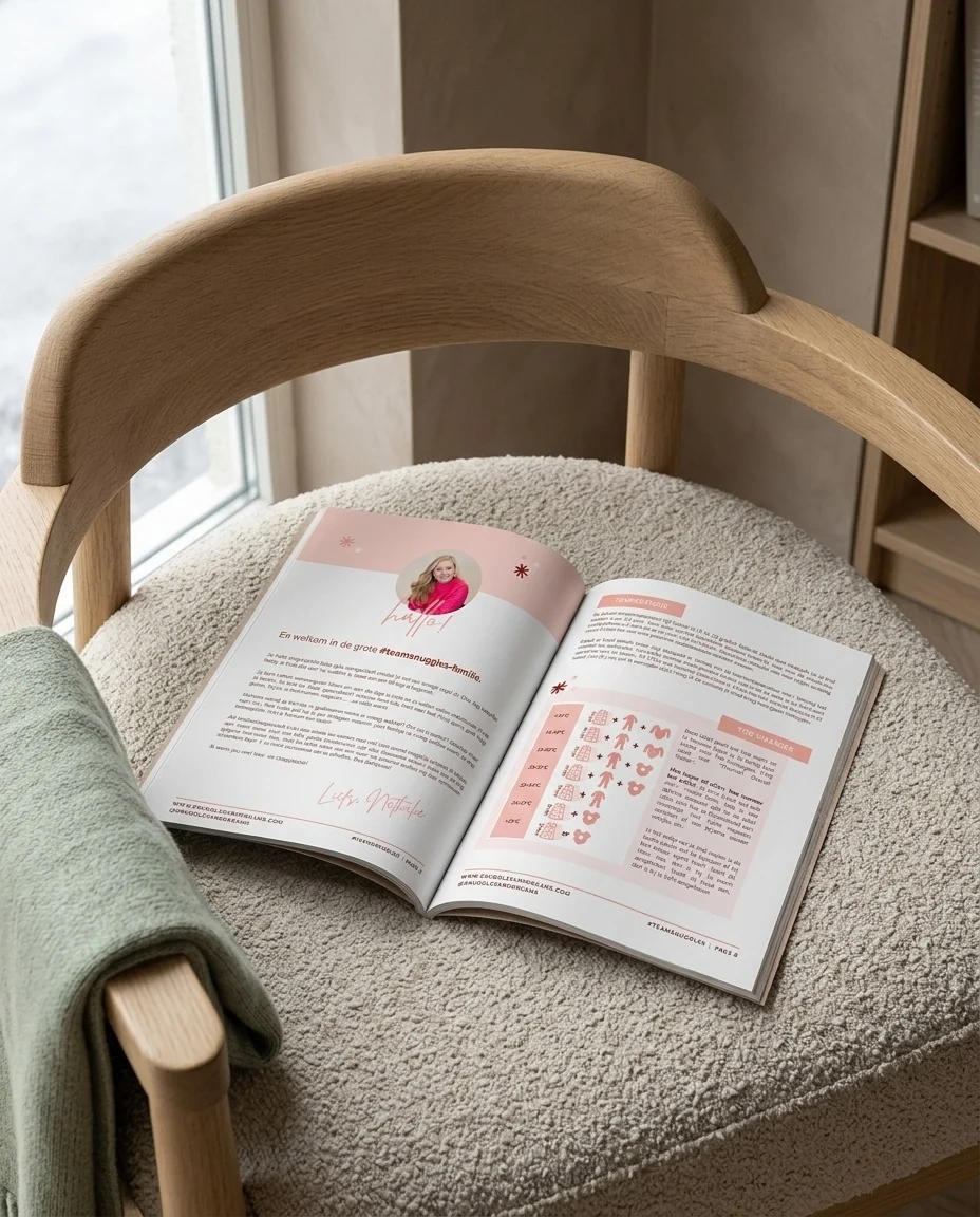 Printed Snuggles & Dreams e-book lying open on a chair